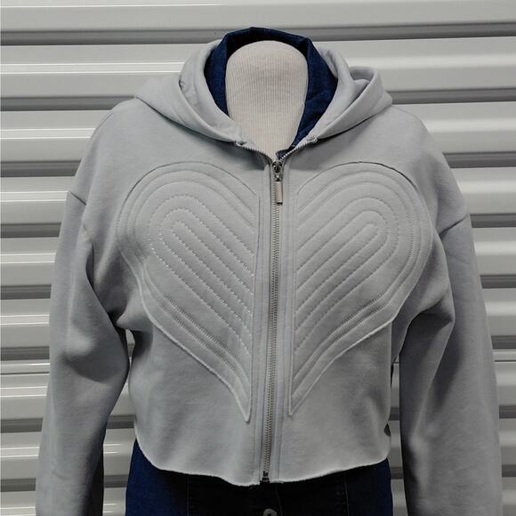 SELF E Womens Jacket Size XS Gray Y2K Cropped Hoodie Full Zip Quilted Heart NWT - Picture 5 of 10